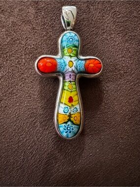 L👀K!  Double Sided Alan K Sterling Multicolor Millefiori Glass Cross Pendant